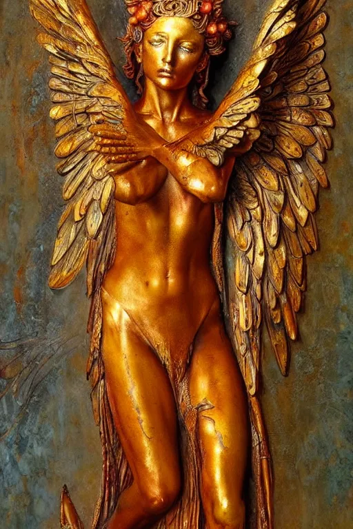 Prompt: realistic detailed statue the holy sacred mechanic angel with stained rust golden wings, body full of scars, made by Karol Bak, Mark Brooks and Bernini. Rich colors. Beksinski and Gerhard Richter painting. Masterpiece