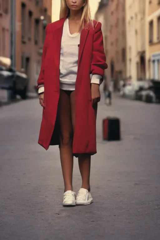 Image similar to high quality realistic street photo of girl, blond hair, clothes in the style of 1 9 9 0, sneakers, lowered socks, loose coat ; kodak ektar, 2 0 0 iso, 3 5 mm lens, bill henson style beautiful chiaroscuro lighting, beautiful colour palette, beautiful and realistic, wide shot