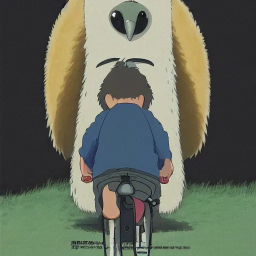 Image similar to still from studio ghibli movie My Neighbor Totoro, Hayao Miyazaki,barn owl in a black suit wearing an office bag going to the office, symetrical face,digital oil painting