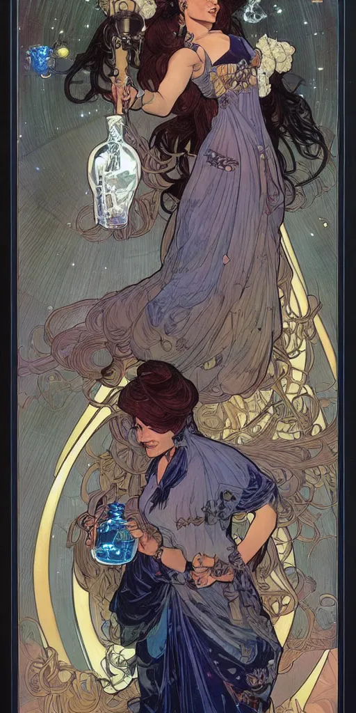 Image similar to a woman wearing outer space as a dress, pouring water from a vase into the milky way, by travis charest, by alphonse mucha, battle chasers.