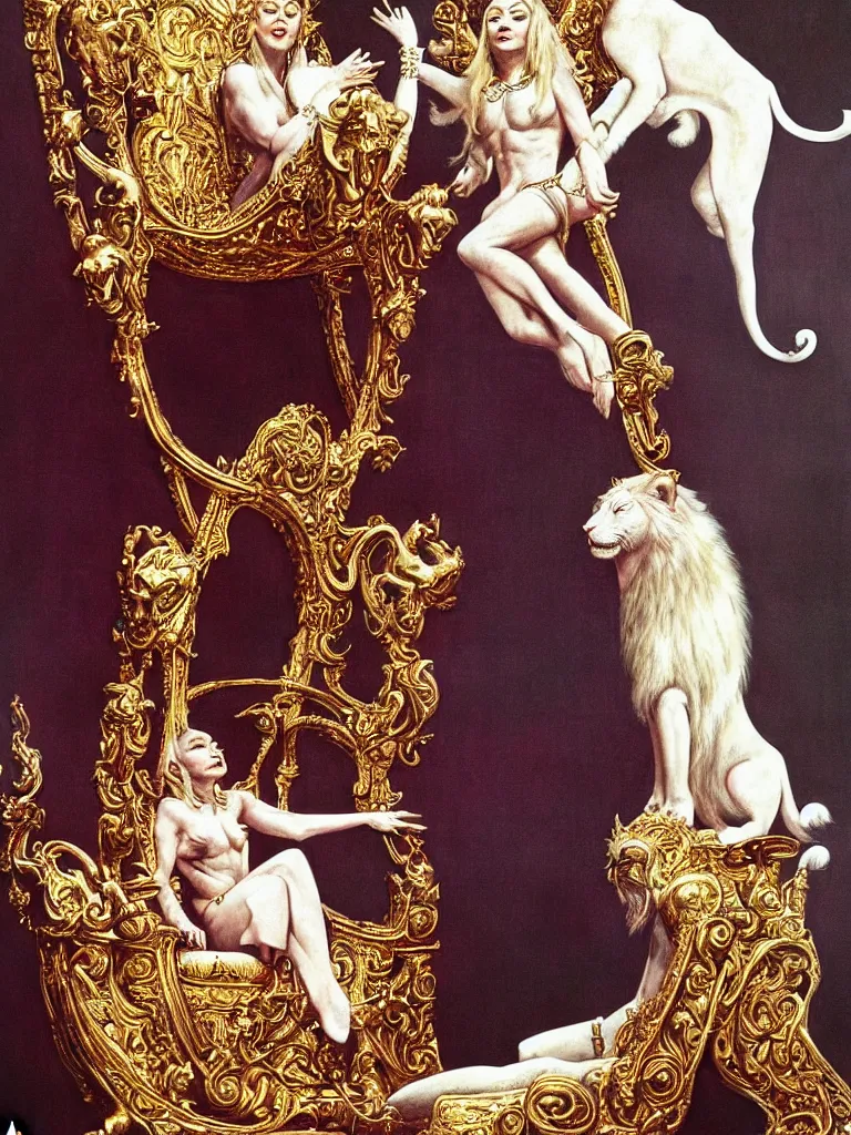 Prompt: Madonna on a gold throne with white Lion at her feet, a beautiful painting by Wayne Barlowe and Frank Frazetta