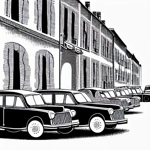 Prompt: book illustration of an old street with old cars, happy people, book illustration, monochromatic, white background, black and white image