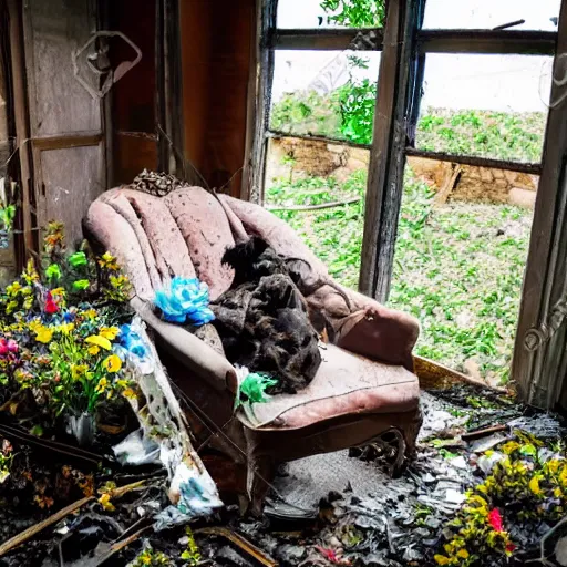 Prompt: big depressed dragon sitting on the chair in the abandoned house with a lot of flowers s- 1839300351