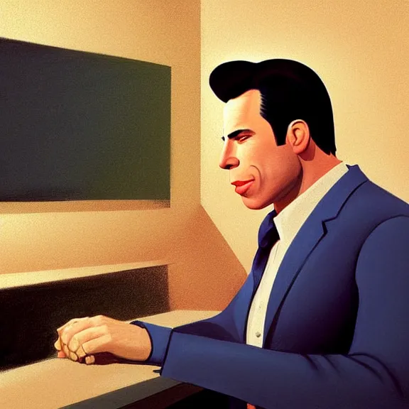 Prompt: beautiful illustration of John Travolta by Edward Hopper, clean lines, very detailed, colorful octane render