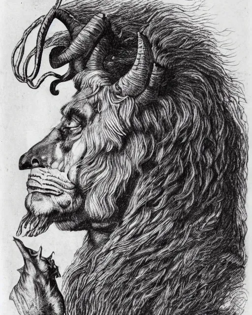 Prompt: a creature with the body and eyes of a man, with the beak of an eagle, the mane of a lion, and the horns of an ox. drawn by francis bacon