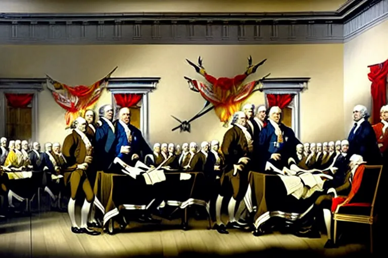 Prompt: john trumbull's famous painting of the signing of the declaration of independence. at least half of the men are clearly vampires, taller and with black hair and black and red capes.