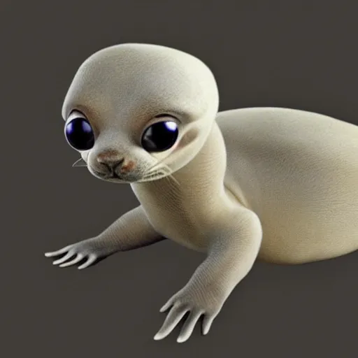 Image similar to bipedal albino amphibious otter seal alien creature with big eyes and a fat tail, speculative biology, big eyes