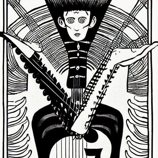 Image similar to black white purple painting on black paper, folkloric illustration , the guitar player , tarot by junji ito