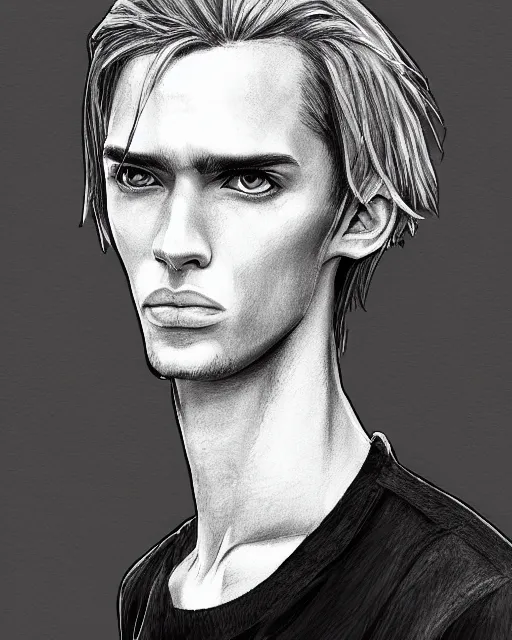 Prompt: black and white pencil portrait of a skinny european male, longer blond hair, light stubble beard, wearing a light shirt, blue eyes, rugged, teenage, fantasy, wizard, trending artstation, relaxed expression, dark lighting, high detail