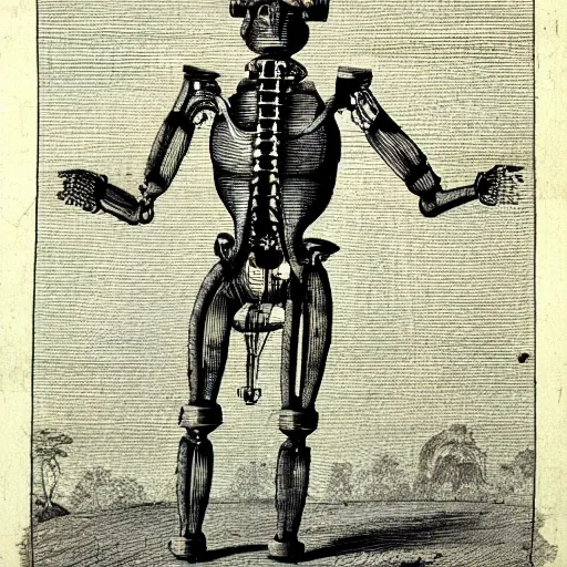 Image similar to illustration. partially mechanical man. 1 7 4 2