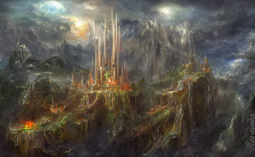 Image similar to mech robot futuristic, ( beautiful secret city of the elves gondolin on top of a mountain, magical gloomy mystical ), under attack. by konstantin razumov, fractal flame, chiaroscuro, highly detailded,