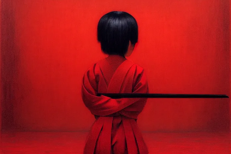 Image similar to only with red, a red samurai do seppuku, tokio, a lot of frogs watch, in the style of beksinski, parts by edward hopper, parts by rodcenko, parts by yue minjun, intricate and epic composition, red by caravaggio, insanely quality, highly detailed, masterpiece, red light, artstation, 4 k