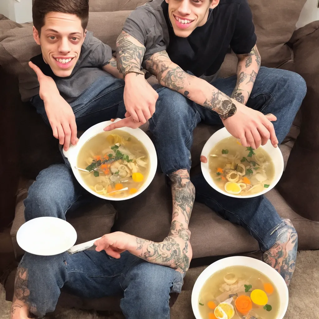 Image similar to pete davidson sitting in a bowl of nice broth soup