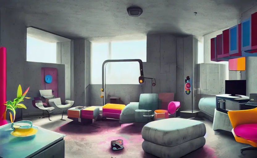 Image similar to Interior shot of a futuristic brutalist studio apartment with computers and colourful furniture by Petros Afshar and Beeple, James Gilleard, Mark Ryden, Wolfgang Lettl highly detailed