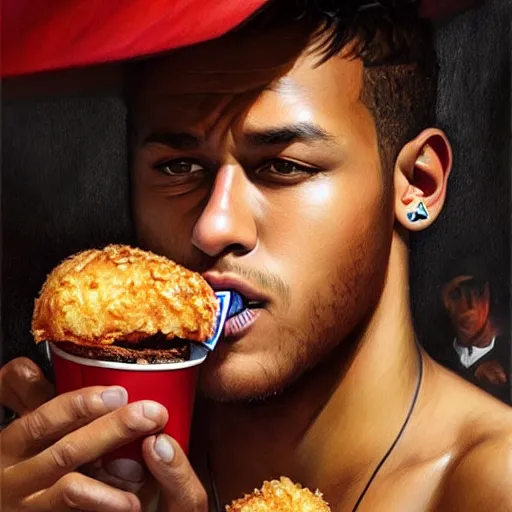 Image similar to Neymar eating a KFC zinger, closeup, giant zinger, D&D, fantasy, intricate, elegant, highly detailed, digital painting, artstation, concept art, matte, sharp focus, illustration, art by Artgerm and Greg Rutkowski and Alphonse Mucha