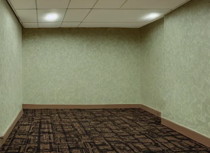 Image similar to an endless space of empty connecting rooms with old vanilla colored wallpaper from the 1970s and brown carpet lit by tungsten lights, no windows