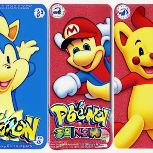 Image similar to photograph of winnie the pooh and super mario and sonic the hedgehog anime style, on pokemon card packs at target