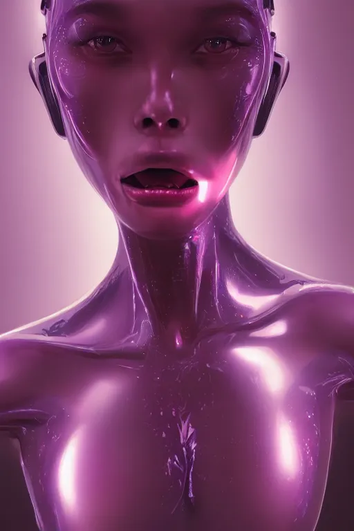 Prompt: attractive female i robot sticking tongue out sensually and sweating, torso portrait, intricate, elegant, purple volumetric lighting, scenery, digital painting, highly detailed, artstation, sharp focus, illustration, concept art, luis rollo, ruan jia, steve mccurry, john berkey