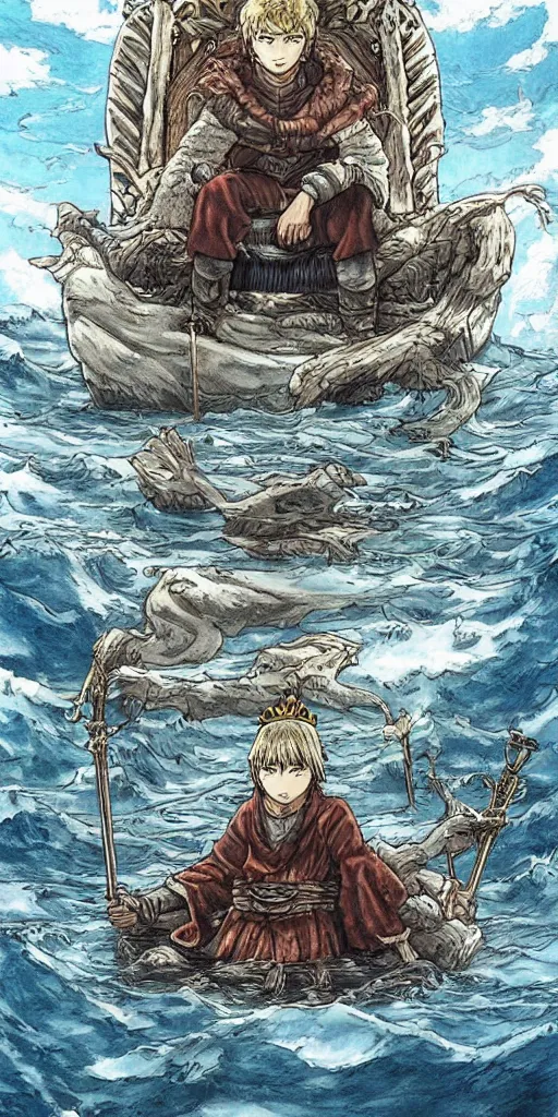 Prompt: a single highly detailed lone king sitting on a throne floating on water in the middle of a lake drawn by Makoto Yukimura in the style of Vinland saga anime, full color, detailed,