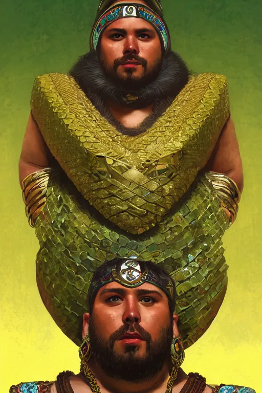 Prompt: fullbody portrait of a beautiful aztec fat male warrior, snake helm, squared beard, rich cerimonial mantle, d & d character, aztec decorated throne background, by greg rutkowski and alphonse mucha, hyperealistic, gradient green to gold, highly detailed portrait, digital painting, concept art, smooth, sharp focus illustration, artstation hq