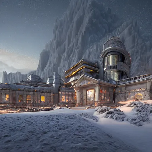 Prompt: artistic highly stylized octane render by geoff johns and joe jusko and thomas kinkade and weta digital, a giant shiny reflective huge metal brutalist palace on the side of a rocky and snow covered mountain, sunset lighting, 4 d, 4 k, volumetric lighting, ray traced lighting, houdini render, ultra - detailed