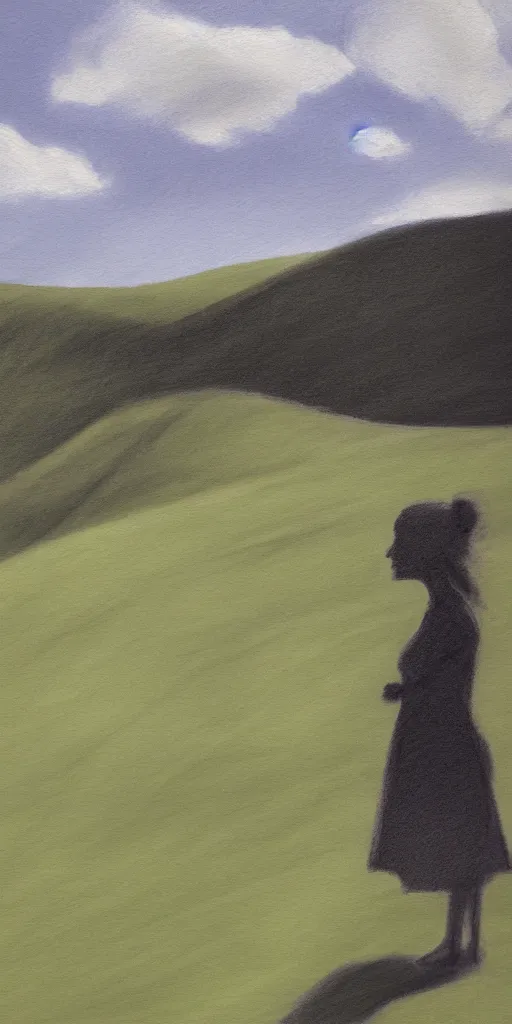 Image similar to side profile of woman in shadow overlooking a green hillside, white chalk outline in the distance, sun shining and clouds in the sky sketch quality or painting