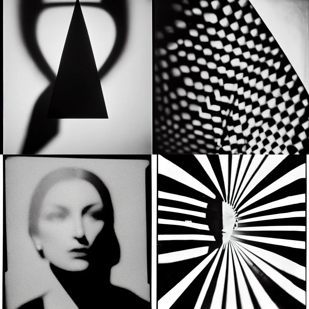 Prompt: Photography of Dora Maar. Portrait of a Femme Fatale. Shadow and light. Abstract. Geometry. Black and white, Tri-X 400. Side lighting.