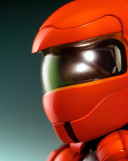 Image similar to helmet portrait of a figurine of samus aran's varia power suit from the sci - fi nintendo videogame metroid. designed by hiroji kiyotake. glossy. red round helmet, orange shoulder pads, green visor. shallow depth of field. suit of armor.