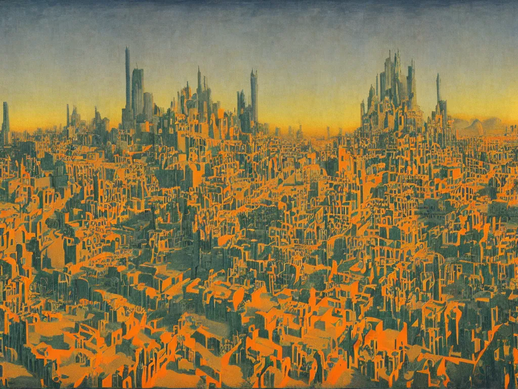 Prompt: Sponged city, sunset with flares, Socotra, baobab metropolis, Balinese dragons, desolation of the leaf Painting by Rene Magritte, Moebius, Jean Delville, Max Ernst, Maria Sybilla Merian