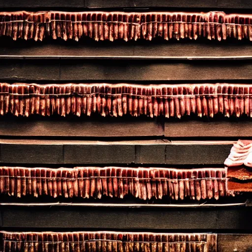 Prompt: a close - up photo of a farmhouse with walls and roof made of bacon, bokeh