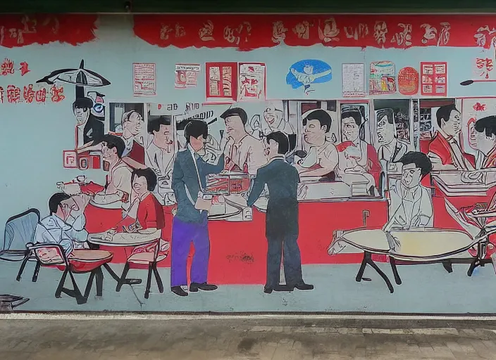 Image similar to Singapore prime ministers in a hawker centre, by Yip Yew Chong, street art