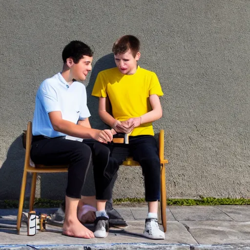 Prompt: two young guys are sitting at a table, playing chess. One is wearing a yellow tanktop and is smiling. The other has a white shirt and looks angry. The sky is blue with a Mediterranean background. Foto