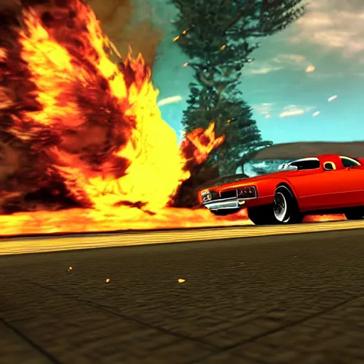 Image similar to an old car jumping over a fire, in game screenshot from driv 3 r ( 2 0 0 4 )