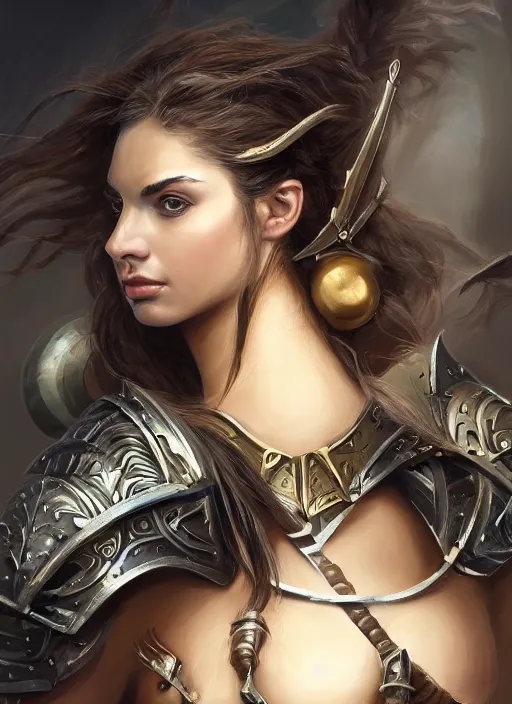 Image similar to a professionally painting of an attractive young girl, partially clothed in battle armor, olive skin, long dark hair, beautiful bone structure, perfectly proportioned, nubile body, symmetrical facial features, intricate, elegant, heroic pose, digital painting, concept art, smooth, sharp focus, finely detailed, from Warhammer, in the style of Artgerm and Greg Rutkowski and William-Adolphe Bouguerea