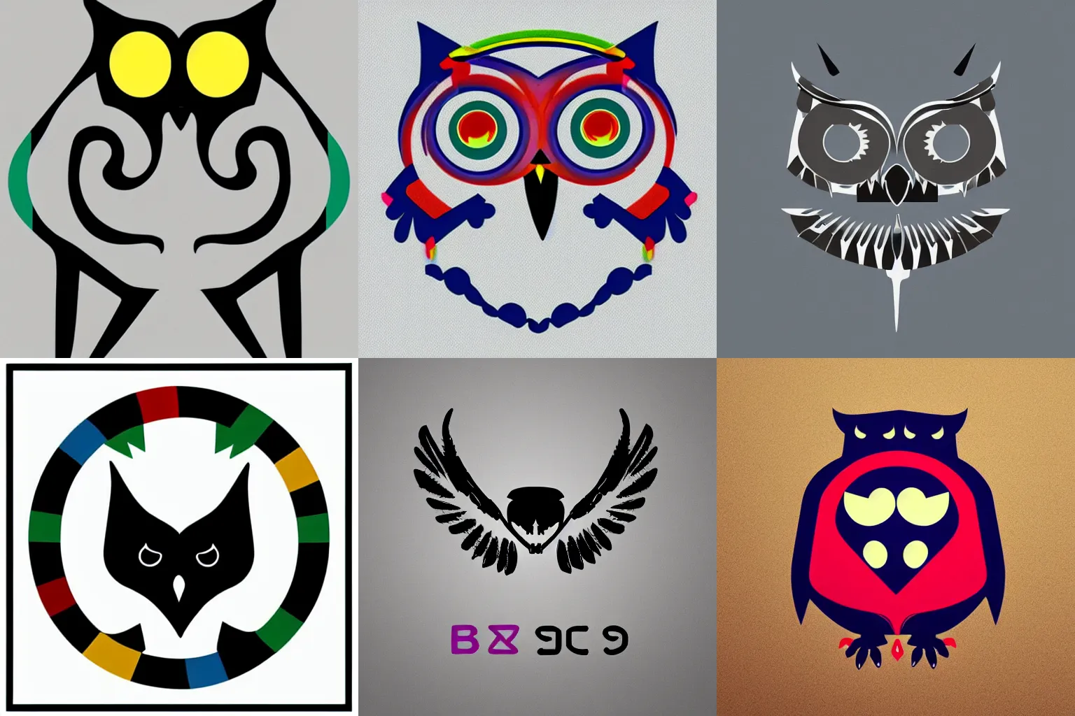 Prompt: A minimalist logo of an owl skeleton in the y2k style, bauhaus style, created by The Designers Republic, vibrant colors