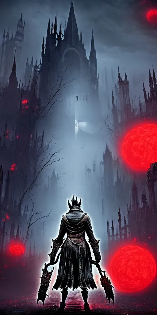 Prompt: abandoned bloodborne old valley with a person at the centre and a ruined gothic city at the emd, trees and stars in the background, phantoms in the sky, falling red petals, epic red - orange moonlight, perfect lightning, wallpaper illustration by niko delort and kentaro miura, 4 k, ultra realistic