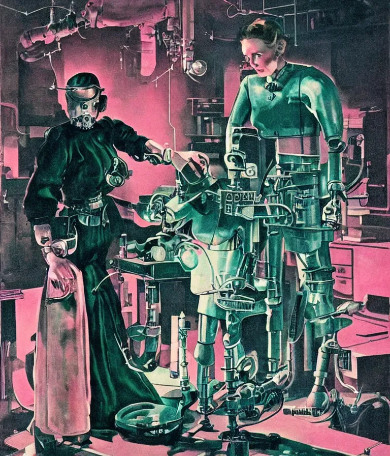 Image similar to a female mad scientist building a manly robot, in a darkly lit laboratory room, 1 9 5 0 s horror film movie poster style, ( norman rockwell oil painting ), retro science fiction, vintage, saturated pink and green lighting, shadowy lighting, cohesive