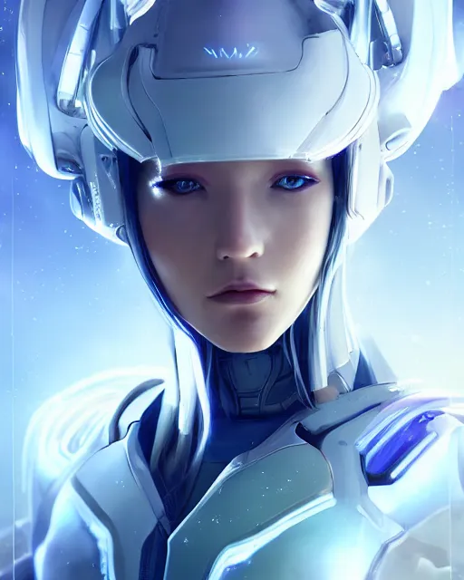 Image similar to perfect android girl on a mothership, warframe armor, beautiful face, scifi, futuristic, galaxy, nebula, raytracing, dreamy, long white hair, blue cyborg eyes, sharp focus, cinematic lighting, highly detailed, artstation, divine, by gauthier leblanc, kazuya takahashi, huifeng huang