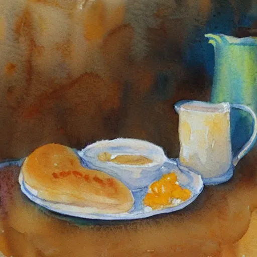 Image similar to impressionism watercolor painting of a large breakfast