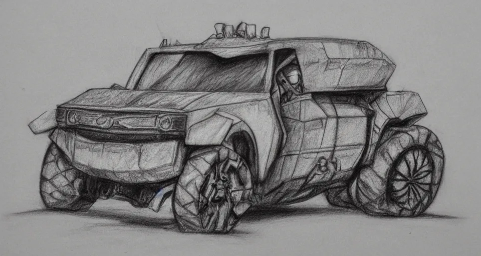 Image similar to graphite drawing of a stylized cartoony fury road car