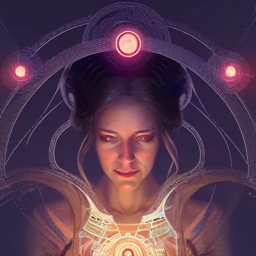 Prompt: portrait of the goddess of science and technology, upper body, D&D, intricate, cinematic lighting, highly detailed, digital painting, artstation, concept art, smooth, sharp focus, illustration, art by Artgerm and Greg Rutkowski