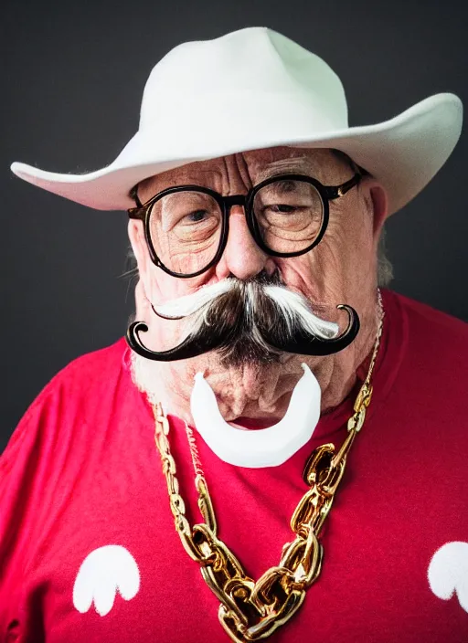 Image similar to dslr portrait photo still of!!! wilfred brimley!!!!!! white mustache mustache is white white white white mustache!!! as a gangsta rapper with gold chains and gold teeth grills growling at camera, 8 k, 8 5 mm f 1. 8