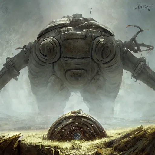 Image similar to giant armored ashigaru beetle war construct golem glowing gnostic brian froud markings magic and steam - punk inspired in an ancient stone circle on a plateau in a blizzard concept painting by jessica rossier, hr giger, john berkey