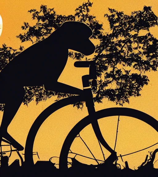 Prompt: a long tailed monkey riding a flying bike across the full moon as silhouette, from the movie e. t. the extra terrestrial, with dark trees in foreground, cinematic frame by steven spielberg, hd