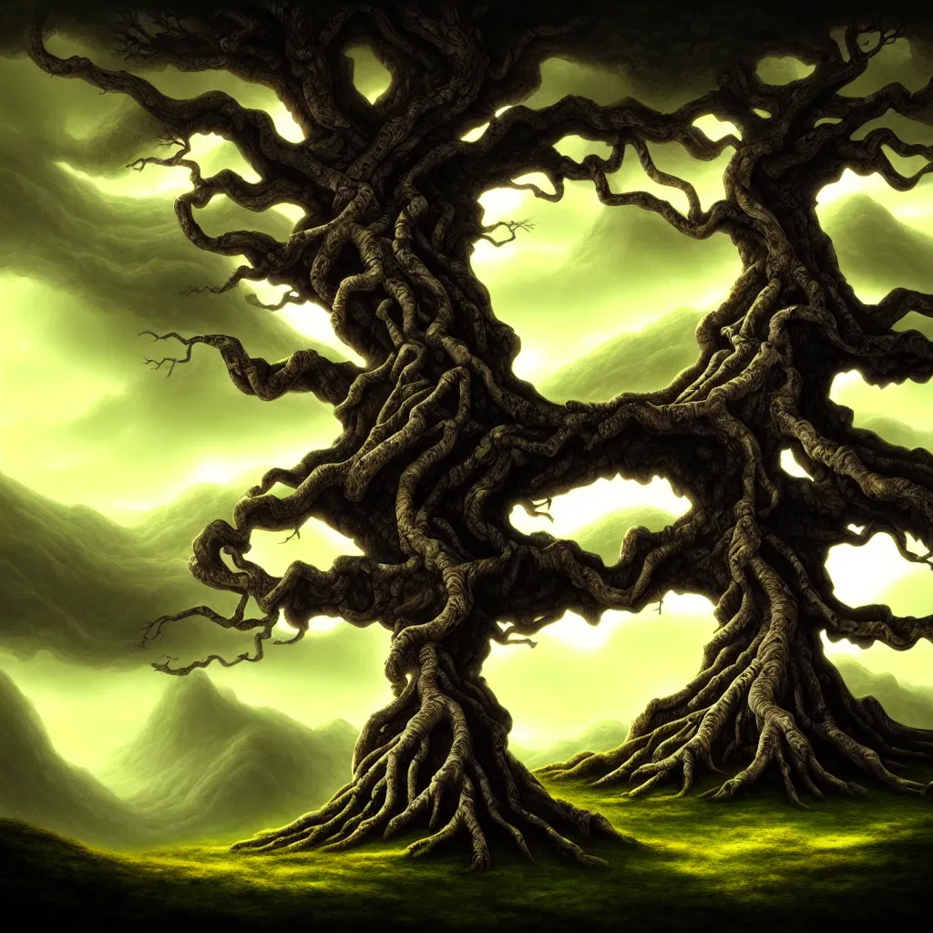 Image similar to ancient tree, hill, a detailed matte painting, fantasy, dark