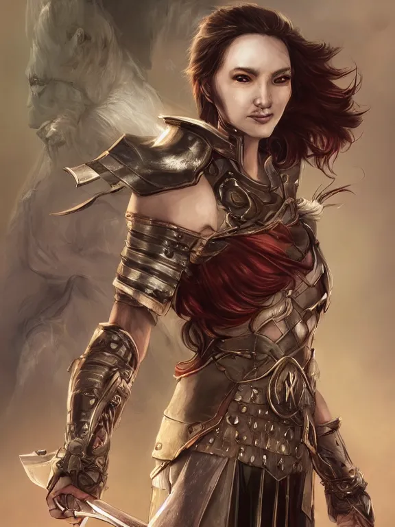 Image similar to a beautiful hyper realistic detailed epic concept art showing a noble knight women with her fist up and her spirit of the great raccoon gradian above her, by artgerm, charlie bowater and harumi hironaka, in the style of dragon age, featured on artstation