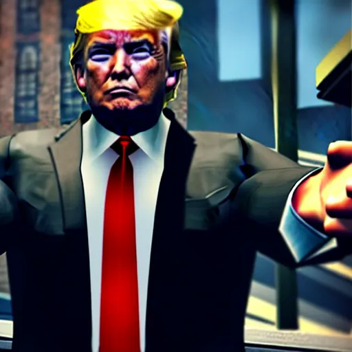Image similar to donald trump with five stars in gta v gameplay, ps 5 screenshot, third person view, gameplay, 3 d render, cryengine, highly detailed