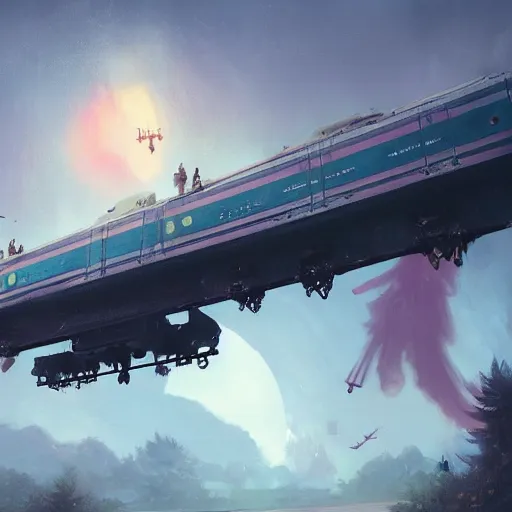 Image similar to flying trains, magical world, by greg rutkowski, sung choi, photo realistic, 8 k, cinematic lighting, hd, atmospheric, hyperdetailed, trending on artstation, devainart, digital painting, glow effect