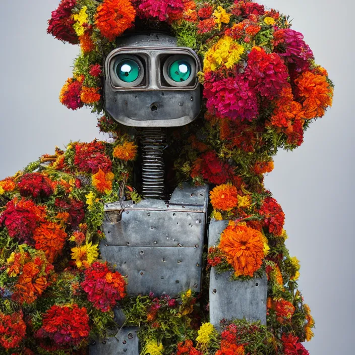 Prompt: closeup portrait of a rusted robot wearing a cloak made of zinnias and rainbows, in an empty field, by Annie Leibovitz and Steve McCurry, natural light, detailed face, CANON Eos C300, ƒ1.8, 35mm, 8K, medium-format print