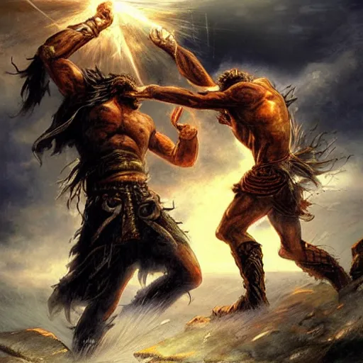 Prompt: The Son of the Sun God fighting the Son of the Thunder God, epic fantasy art, detailed